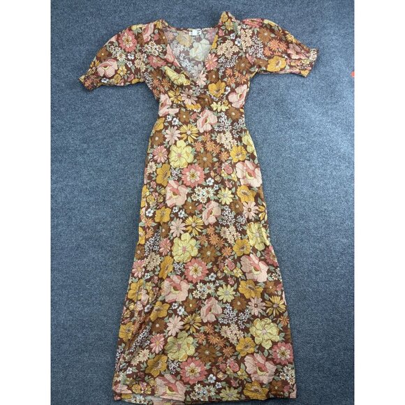 Billabong x The Salty Blonde Dress Womens XS Brown Floral Wrap Maxi Boho - Picture 1 of 10